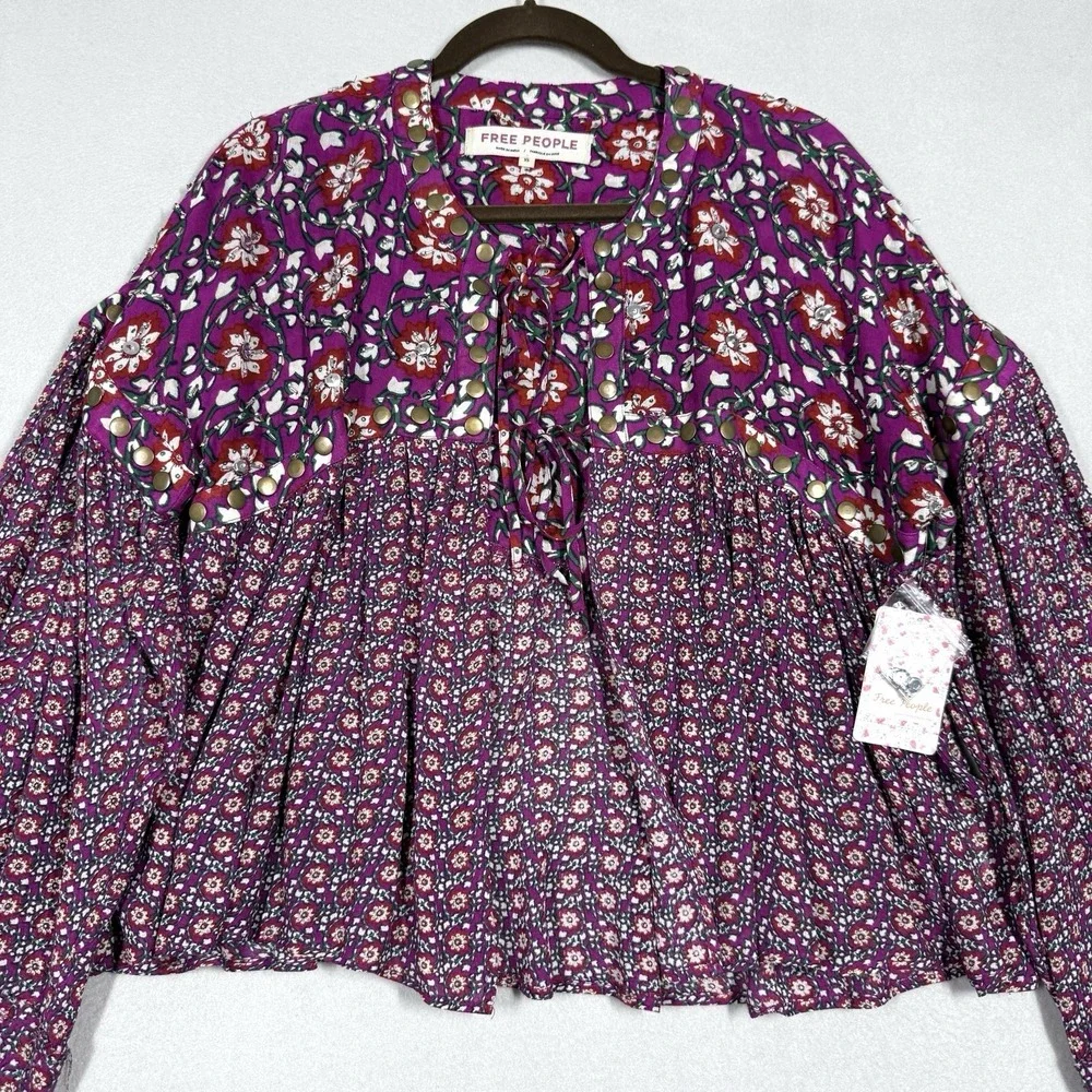Free People Top Womens XS Malia Babydoll Jacket Embellished Floral Tie Front NWT